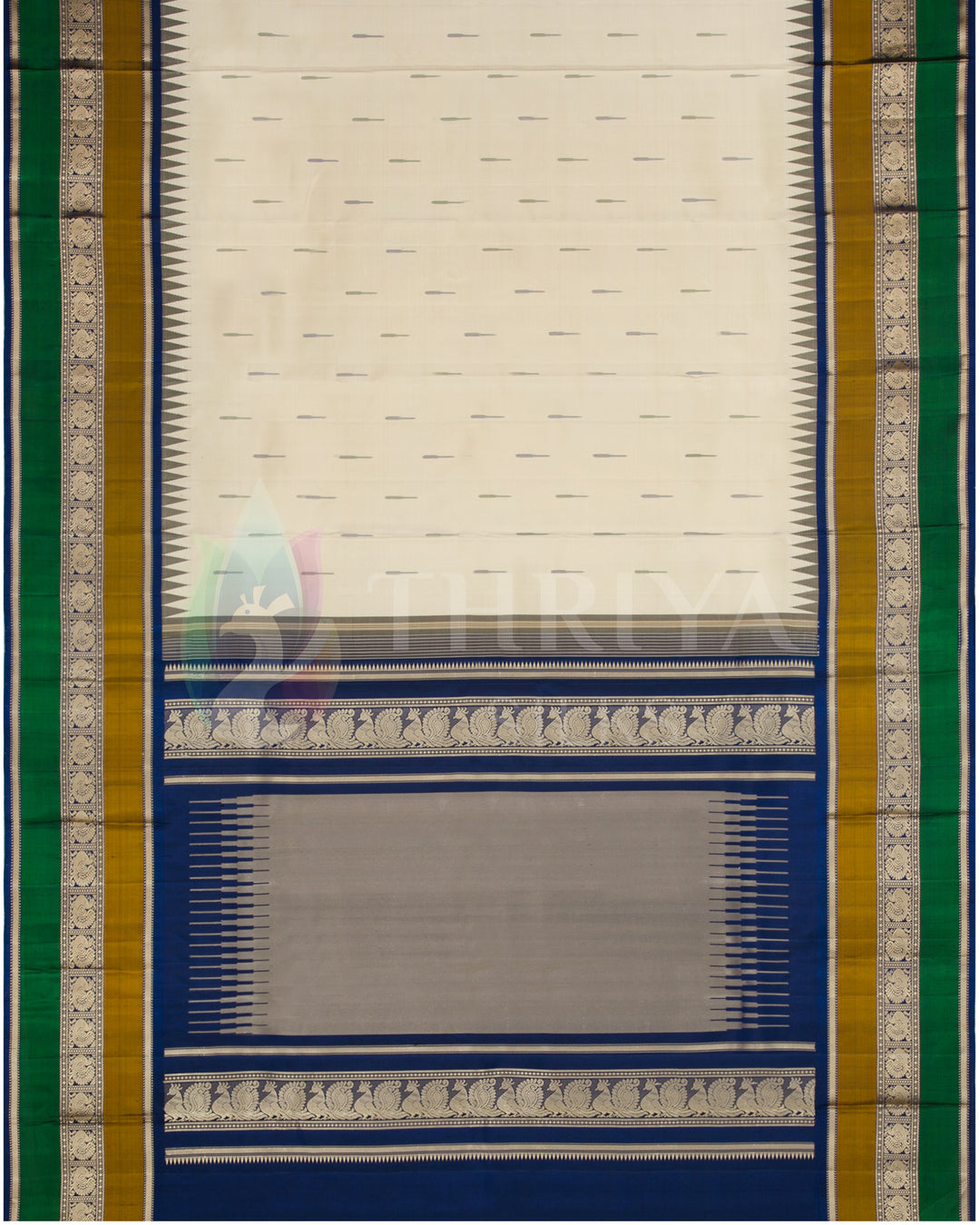 Full layout of cream silk saree with blue pallu, green and gold borders, and subtle woven motifs, Thriya Silks