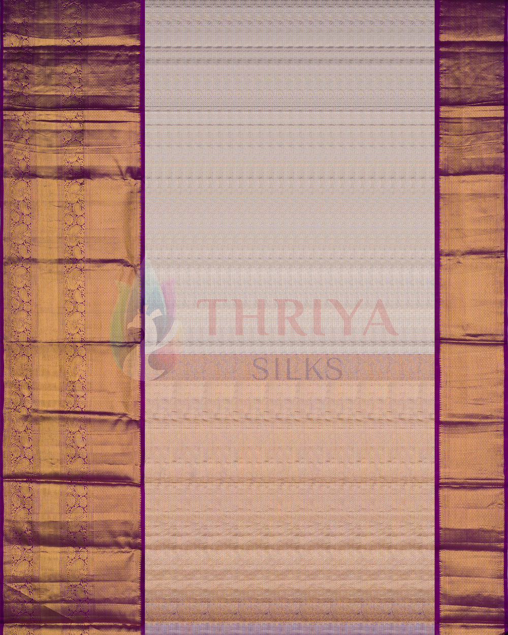 Full view of cream Kanjivaram silk saree with gold zari weave and traditional purple border