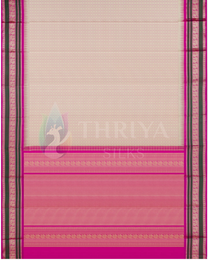 Full layout of cream silk saree with traditional pink and olive green border, from Thriya Silks