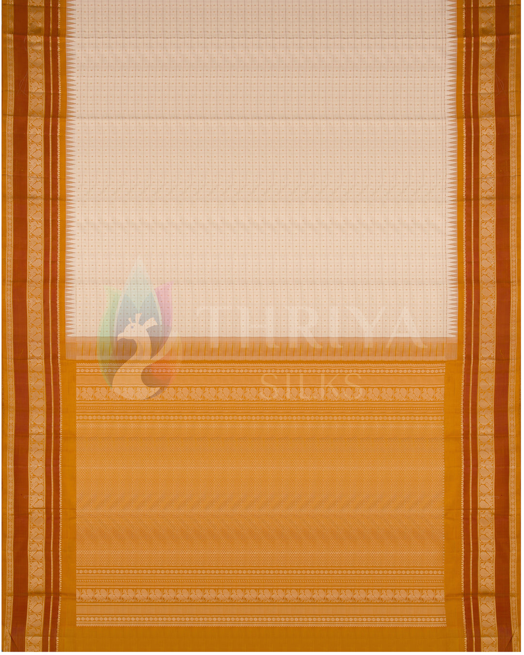 Full layout of cream silk saree with golden-orange pallu and rich zari woven border