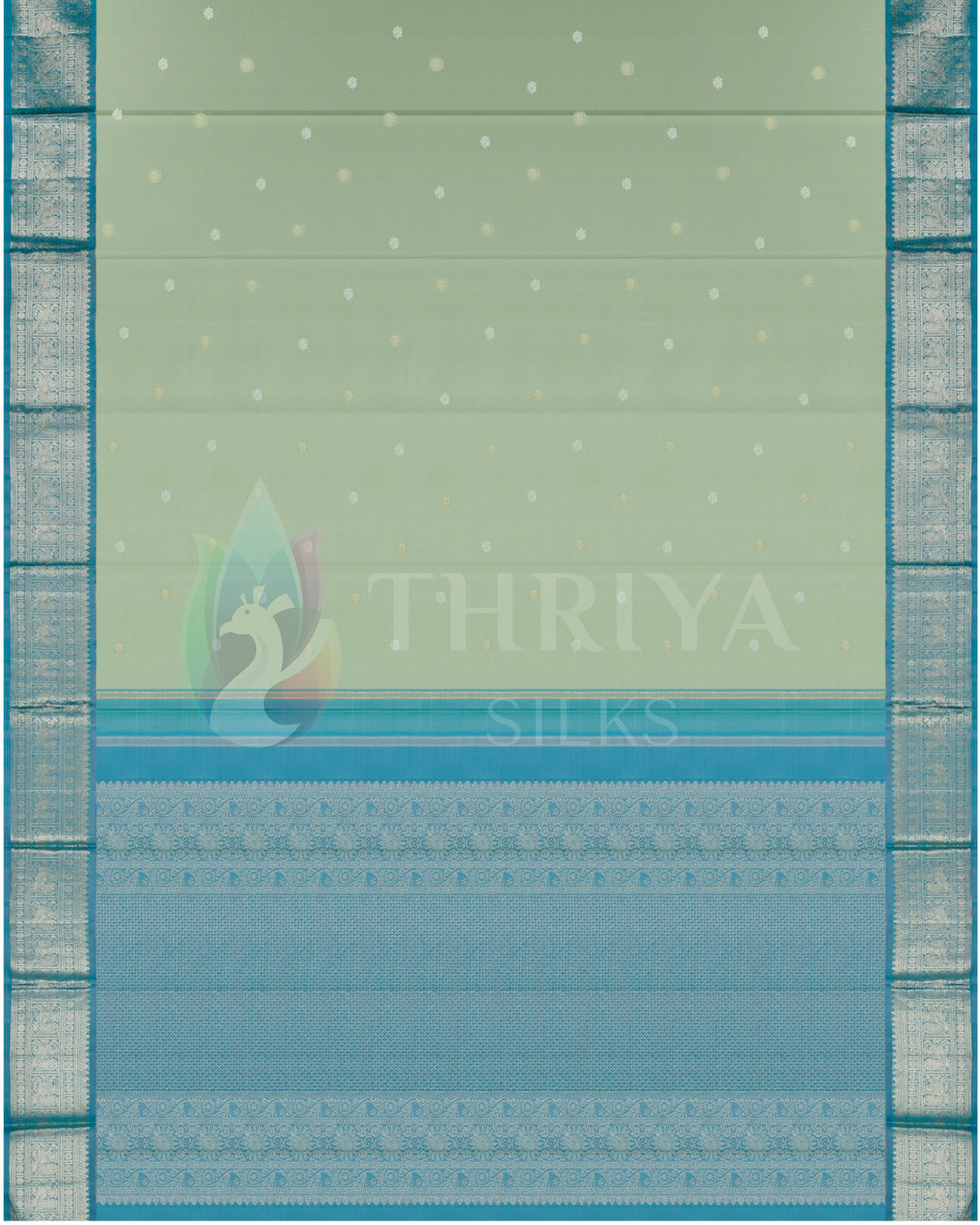 Full view of pastel green silk saree with turquoise blue pallu and zari detailing