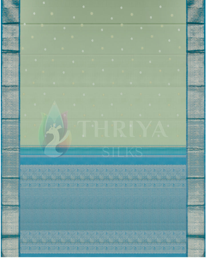 Full view of pastel green silk saree with turquoise blue pallu and zari detailing