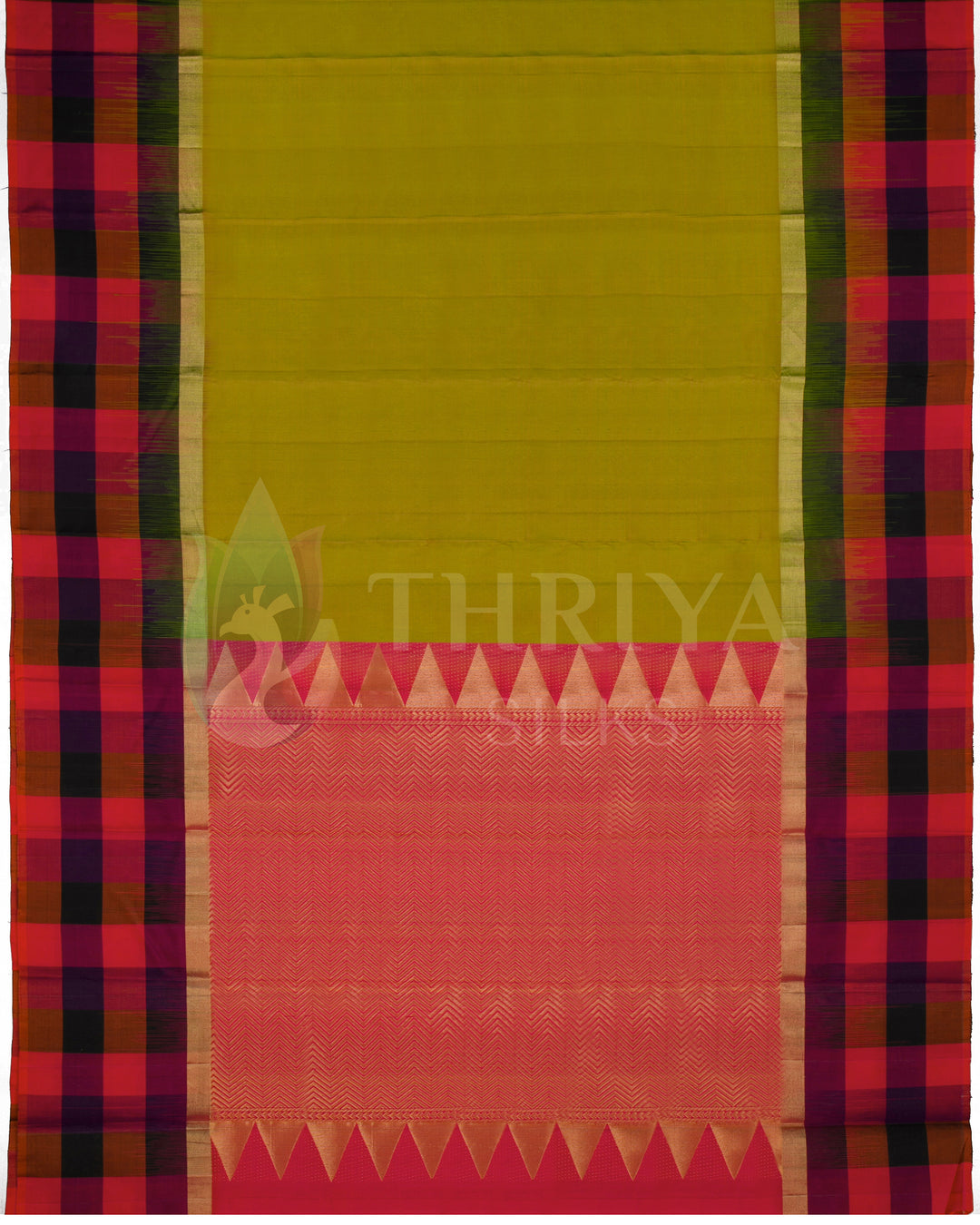  Full view of lime green and pink Kanjivaram saree with traditional contrast border and pallu