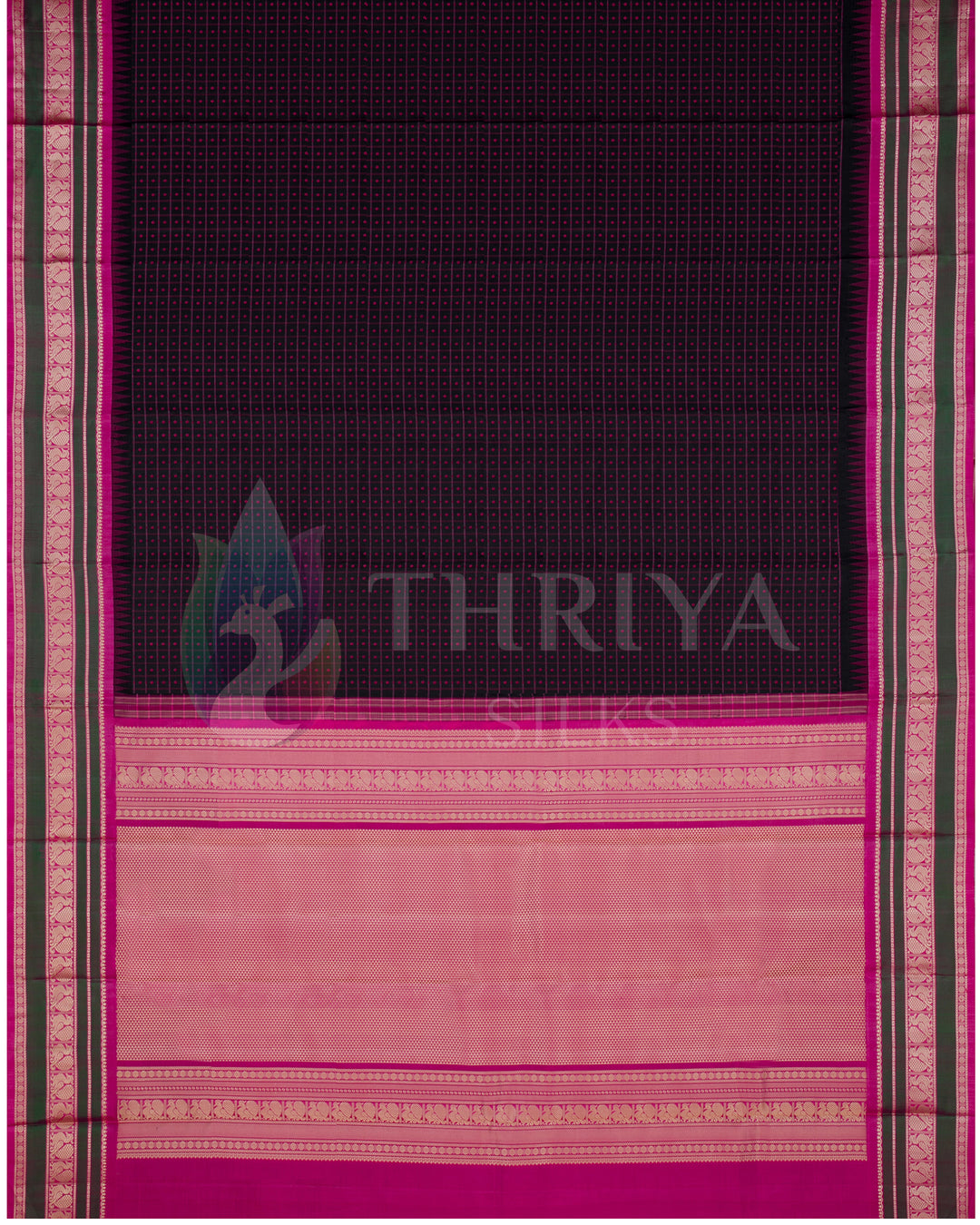 Full view of black and pink Kanjivaram silk saree with gold zari pallu and traditional weave design