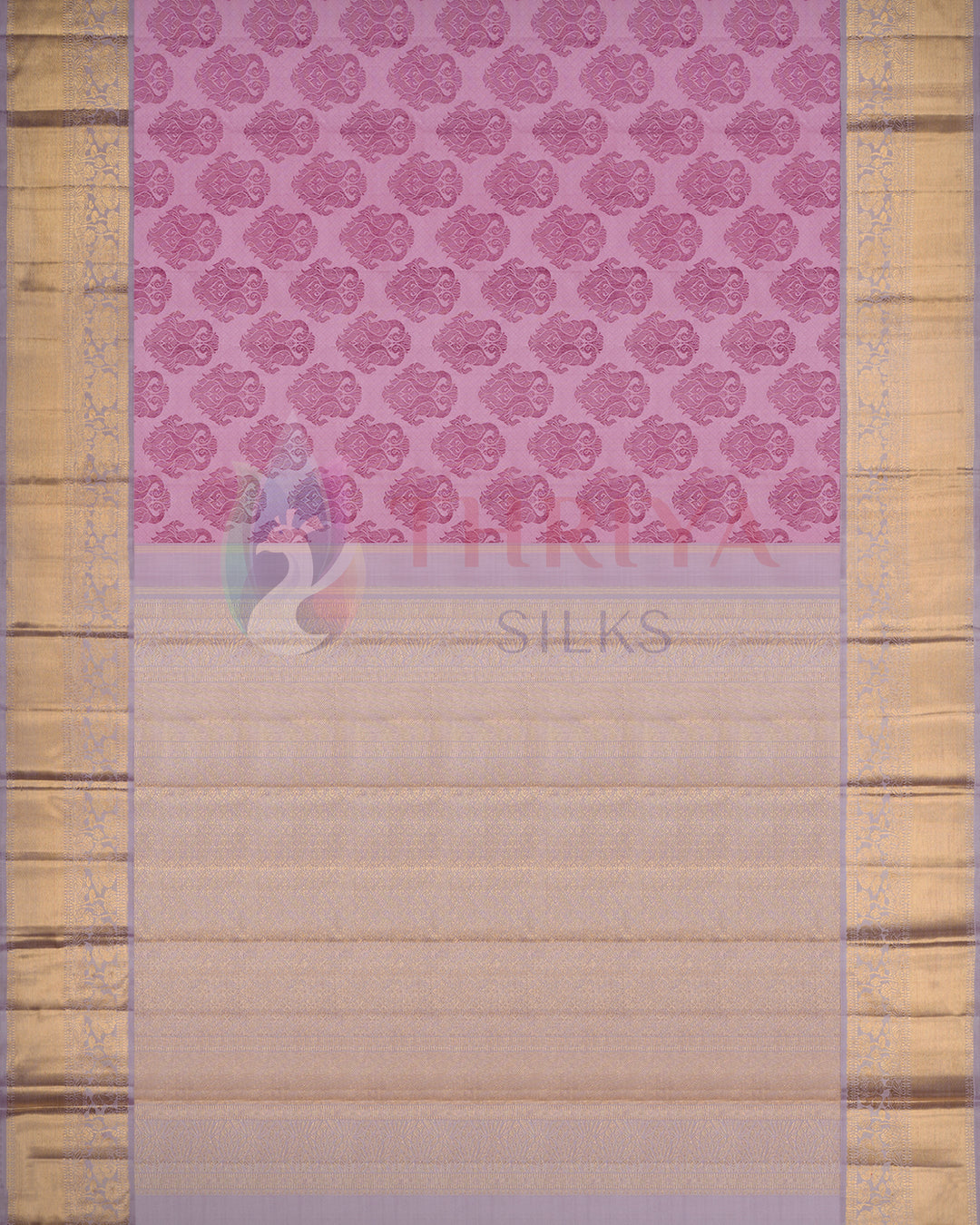 Full view of magenta floral Kanjivaram silk saree with wide golden zari border – by Thriya Silks