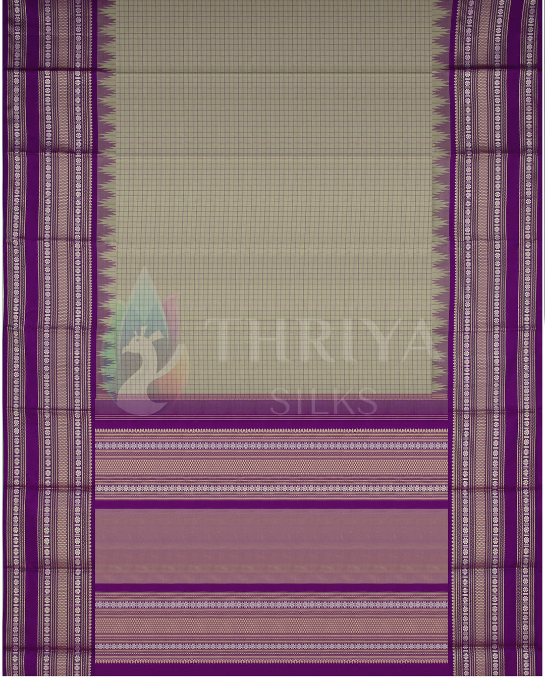 Full view of olive green and purple Kanjivaram silk saree with silver zari patterns