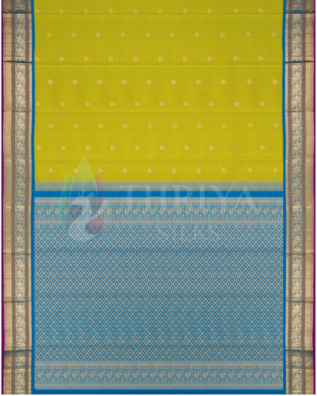 Full flat lay of lime yellow and blue silk saree with intricate gold zari work from Thriya Silks