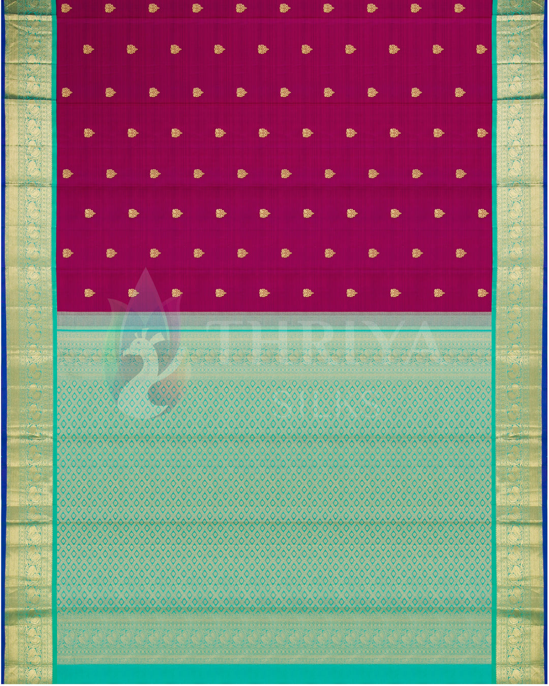Full view of magenta and sea green silk saree with intricate golden zari work