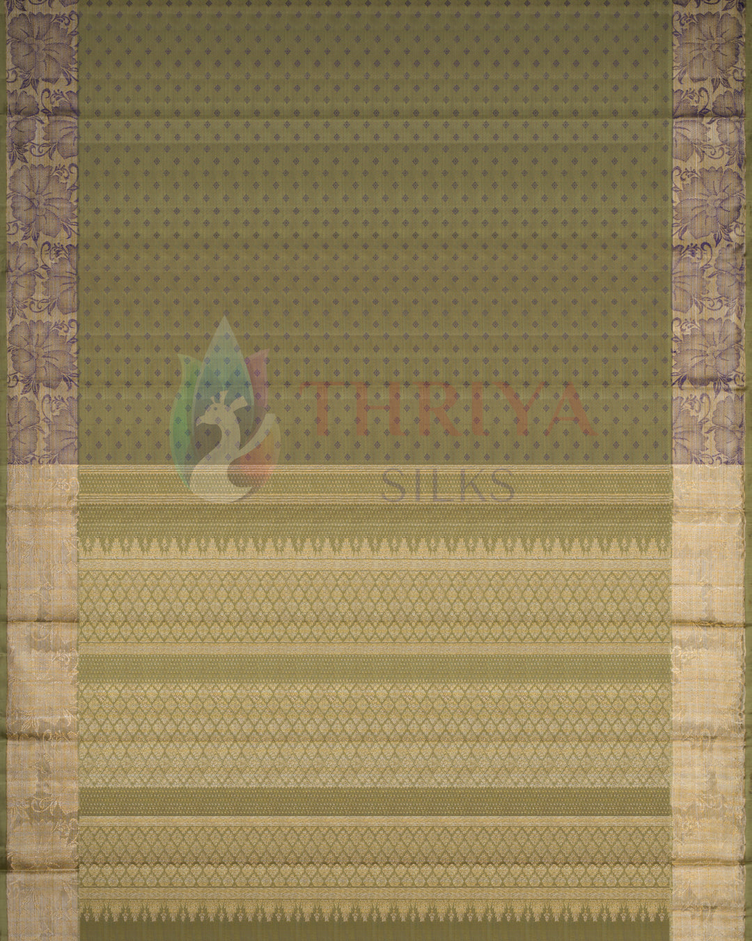 Full view of olive green Kanchipuram silk saree with gold and purple zari work