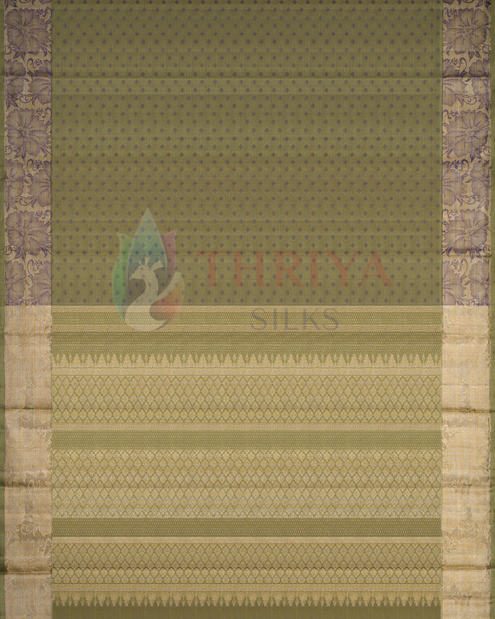 Full view of olive green Kanchipuram silk saree with gold and purple zari work