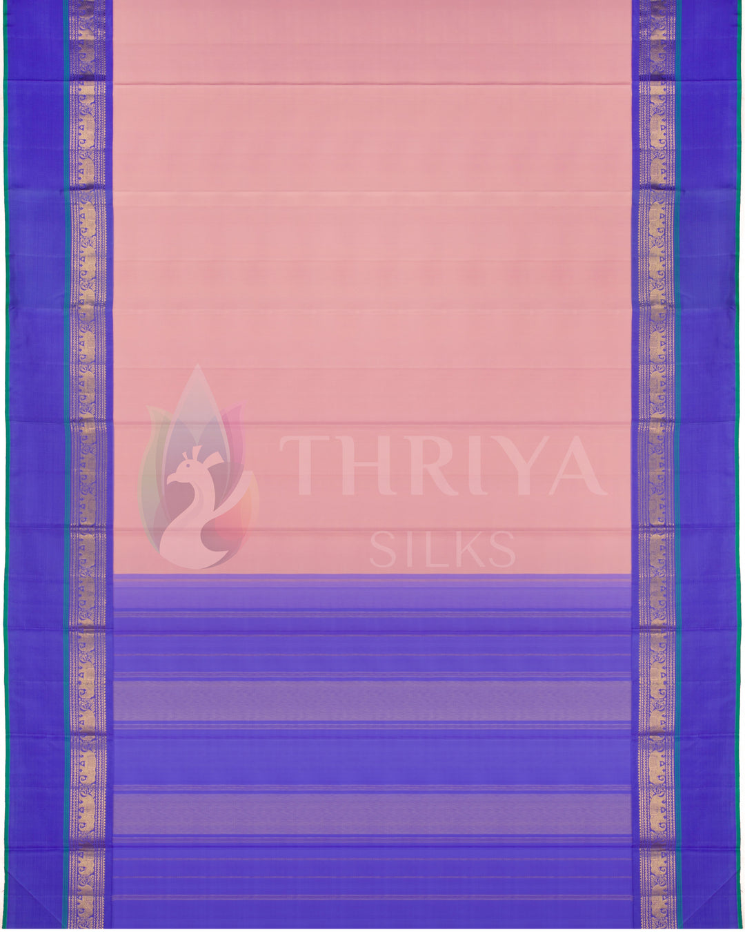 Full layout of peach pink Kanjivaram silk saree with violet pallu and traditional golden zari detailing