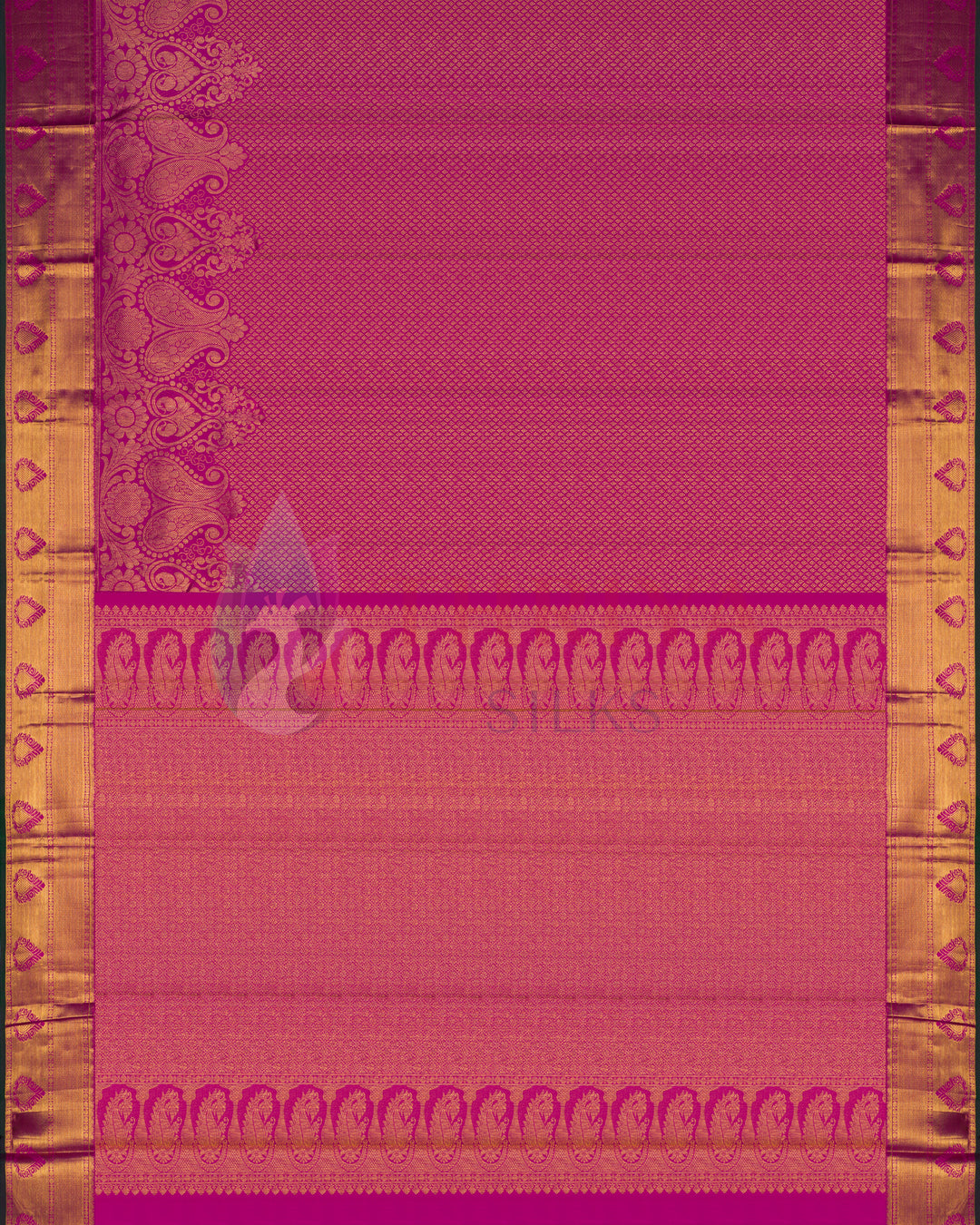 Full layout of pink Kanchipuram silk saree with temple border and heavy gold pallu
