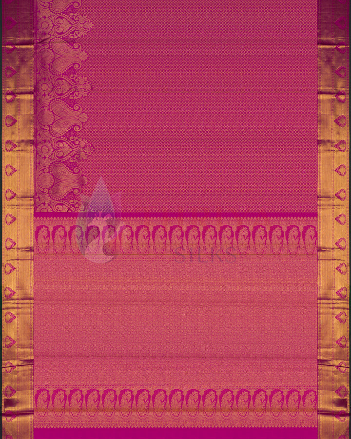 Full layout of pink Kanchipuram silk saree with temple border and heavy gold pallu