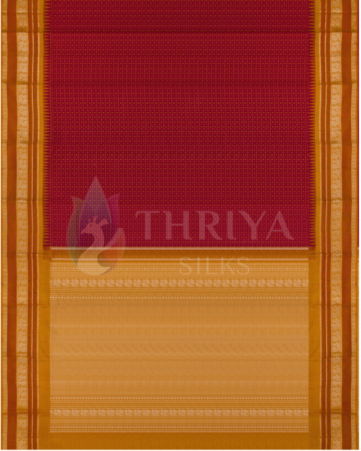 Full view of red and mustard silk saree with gold zari detailing and contrasting pallu, Thriya Silks