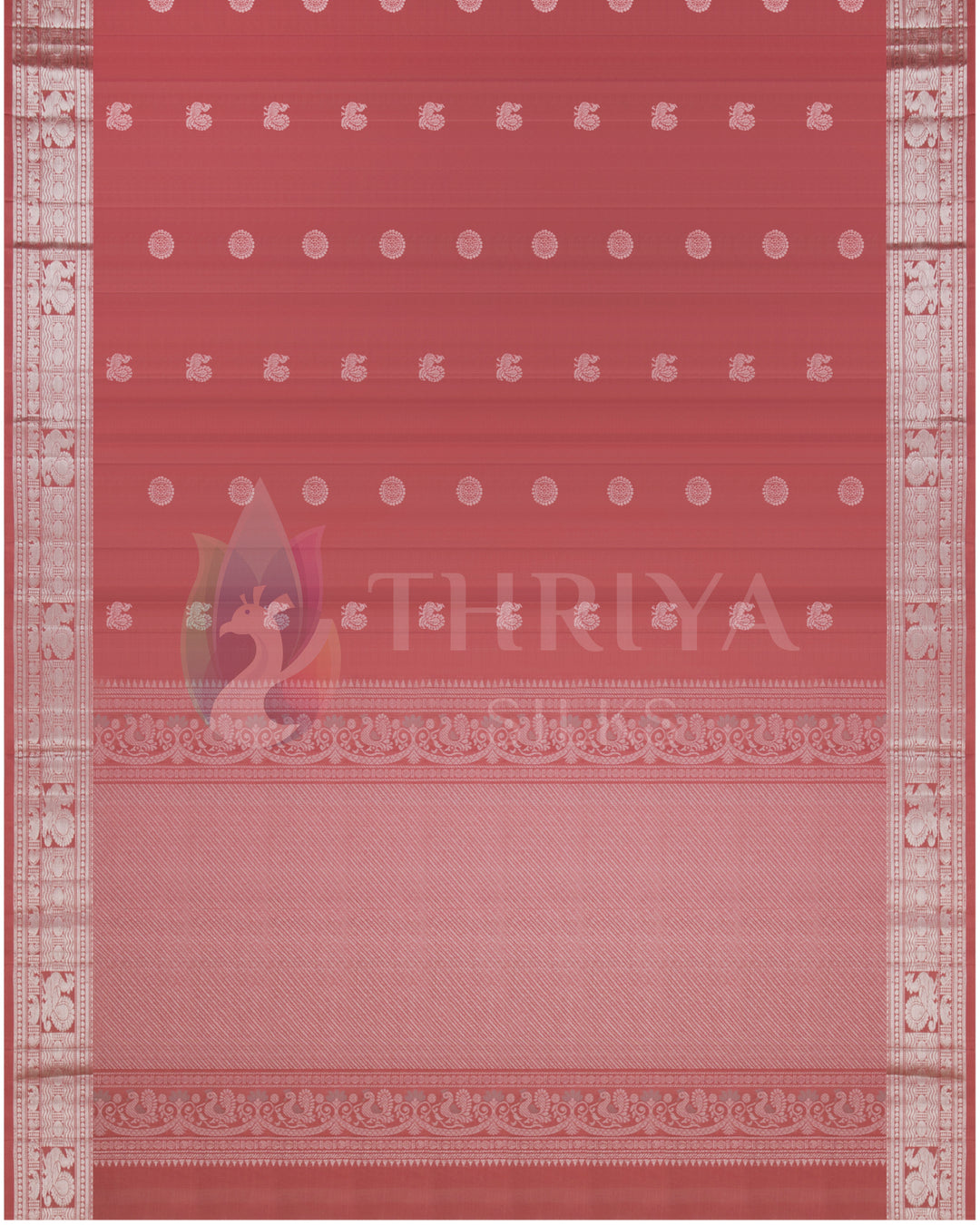 Full view of dusty rose Kanjivaram saree with silver zari work and motifs