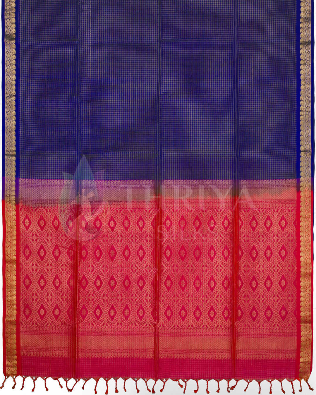 Full layout of royal blue Kanjivaram saree with vibrant red pallu and woven motifs