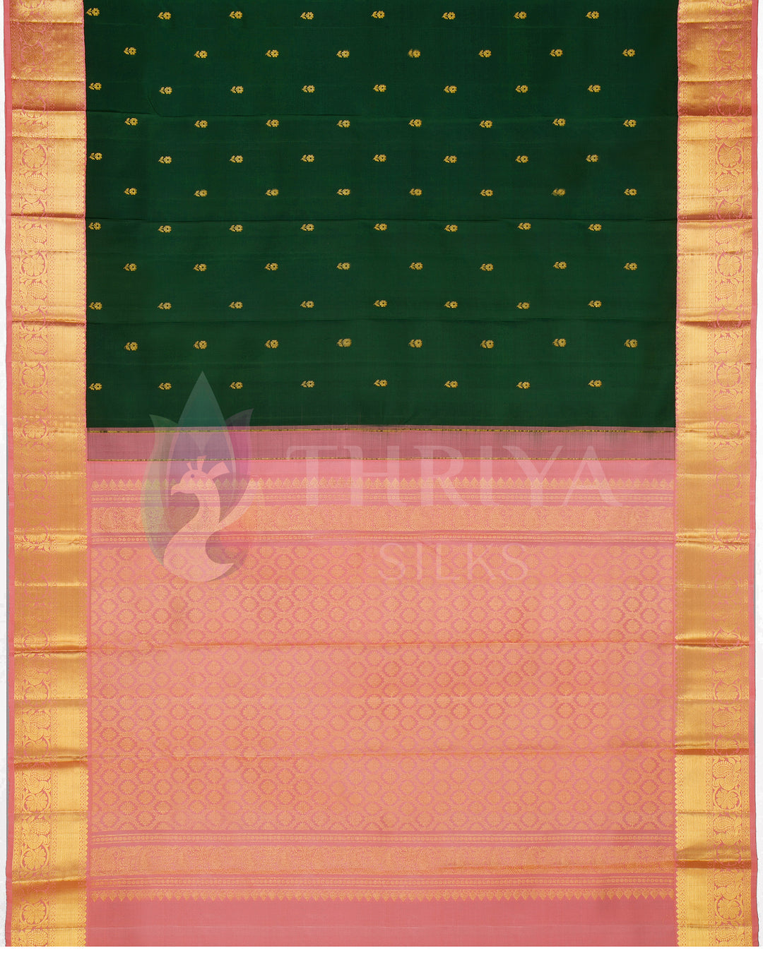 Full saree layout with green body, peach pallu, and gold zari detailing from Thriya Silks