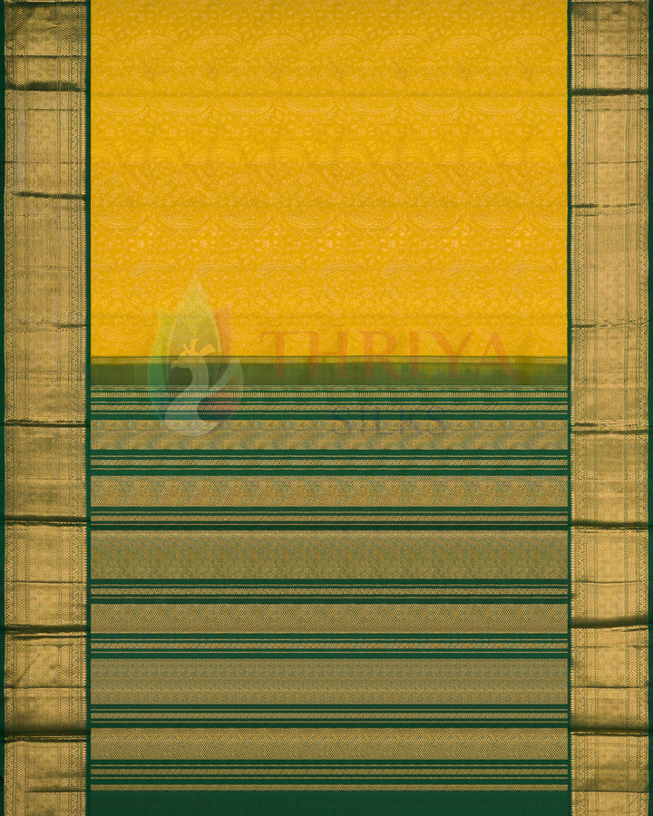 Full view of yellow Kanjivaram silk saree featuring striped green zari pallu and rich gold border – by Thriya Silks