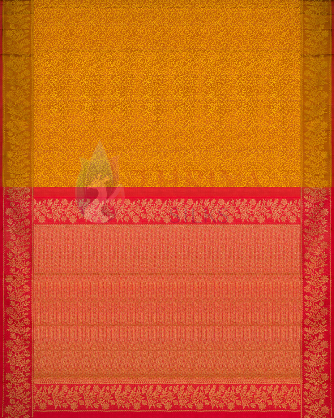 full view of yellow Kanjivaram silk saree featuring intricate golden floral weaves and contrasting red zari border – traditional bridal saree 