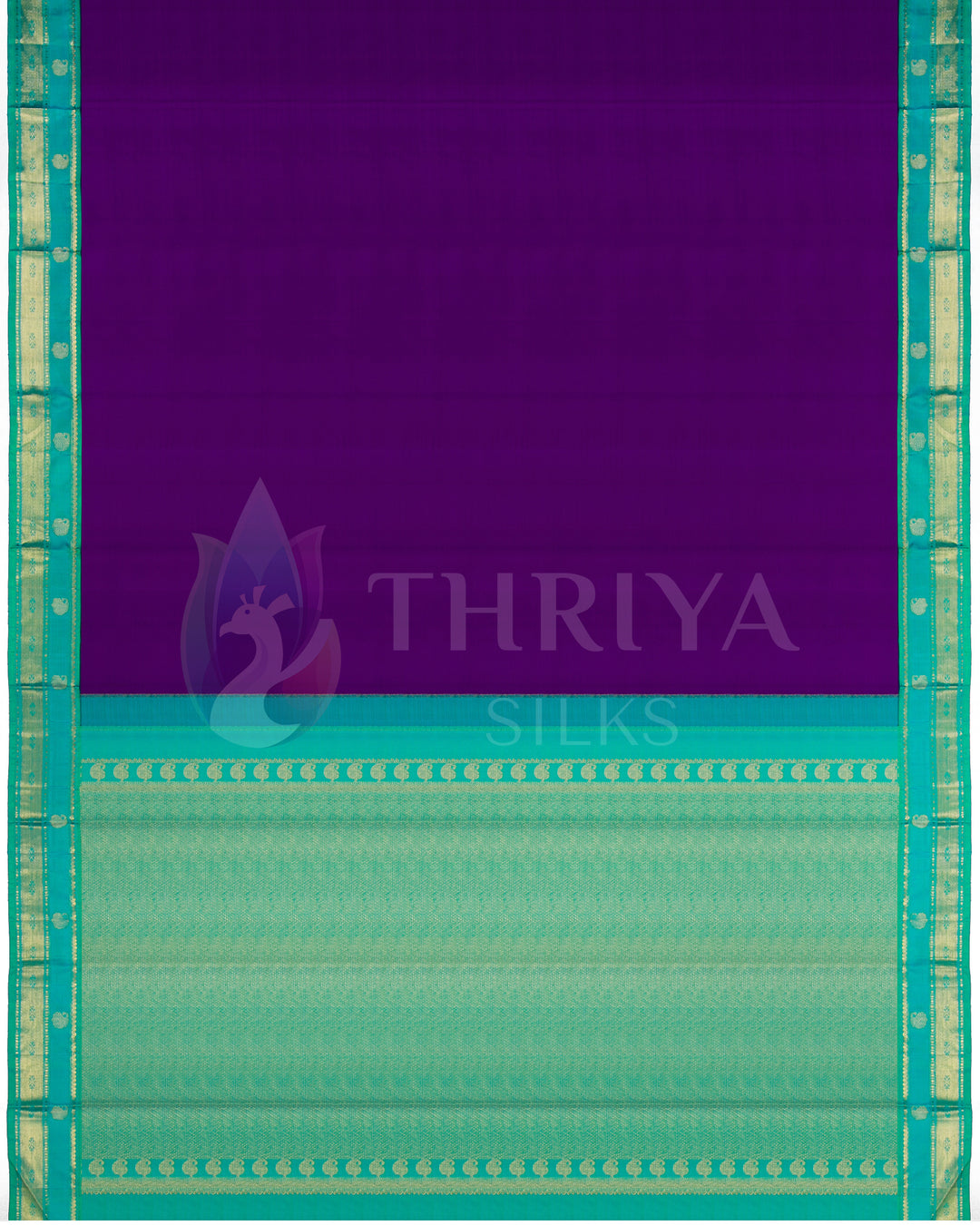 Full view of deep purple silk saree with aqua blue pallu and traditional gold zari design