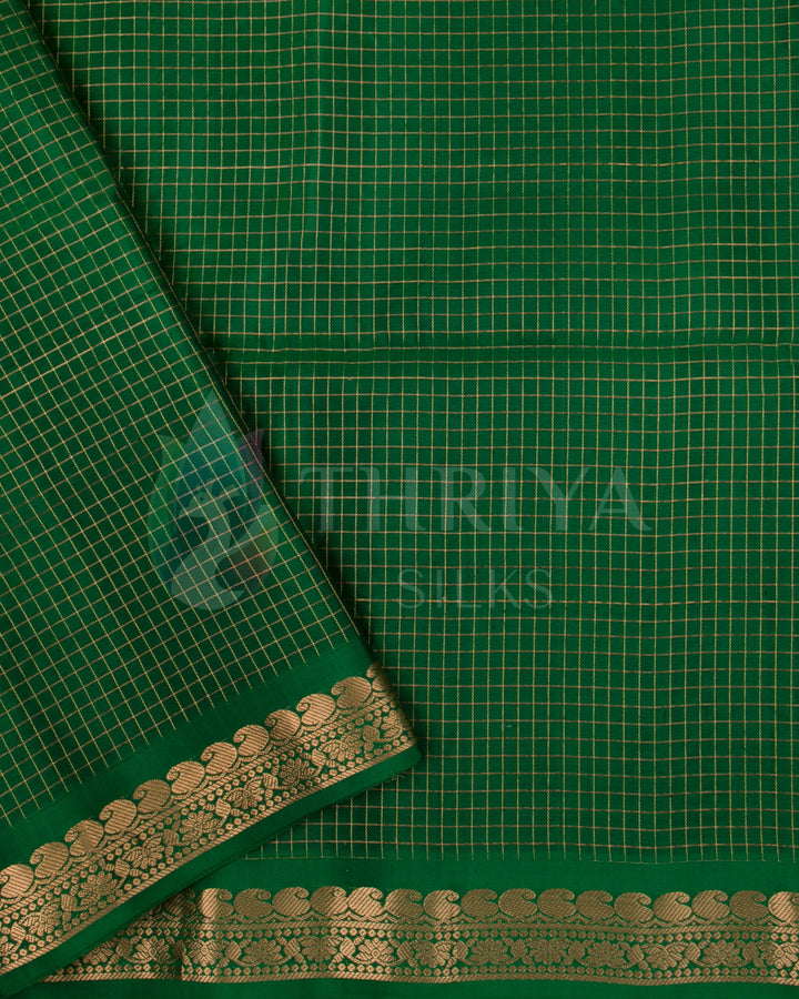 Dark green blouse piece with fine golden checks and border for Kanchipuram saree pairing
