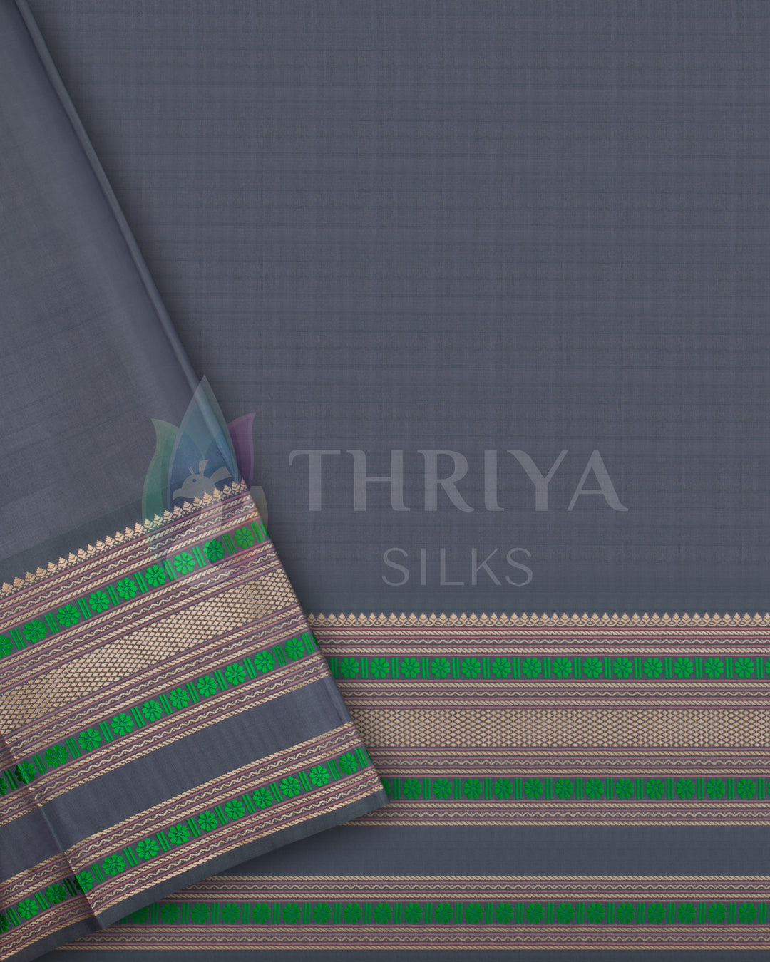 Grey blouse piece with green and gold zari border – elegant contrast for beige silk saree from Thriya Silks