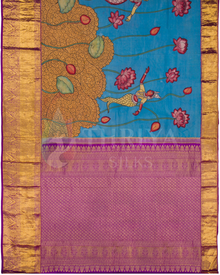 Full body view of Kalamkari silk saree with hand-painted mermaid and lotus floral designs