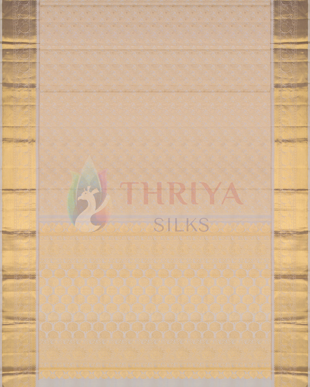 Half white to beige-toned Kanchipuram silk saree with traditional gold zari border and Thriya Silks branding in center
