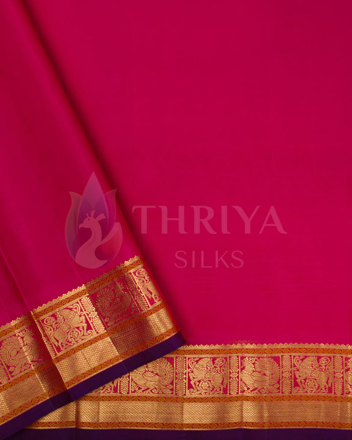 Contrast pink blouse piece with traditional gold zari border from royal blue Kanjivaram silk saree – Thriya Silks