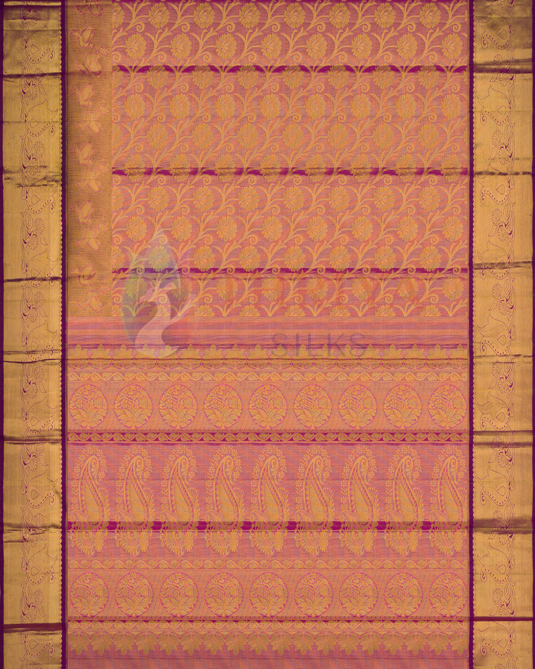 Full view of pink and gold Kanjivaram silk saree with floral motifs and zari pallu – traditional saree design