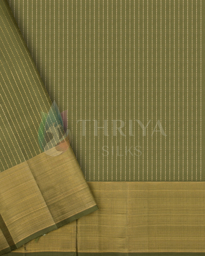 Olive green blouse piece with vertical golden zari stripes and solid zari border