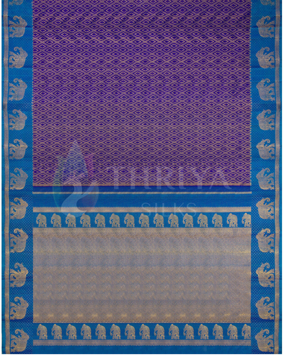 Full pallu view of purple and blue Kanjivaram silk saree with gold elephant motifs and zari weave