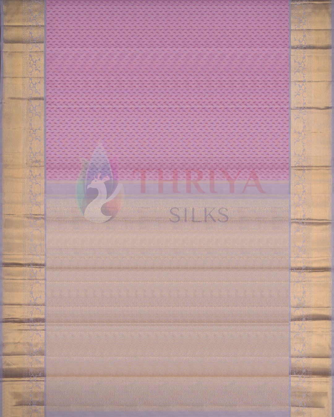 Lavender Kanjivaram silk saree with gold zari border by Thriya Silks 