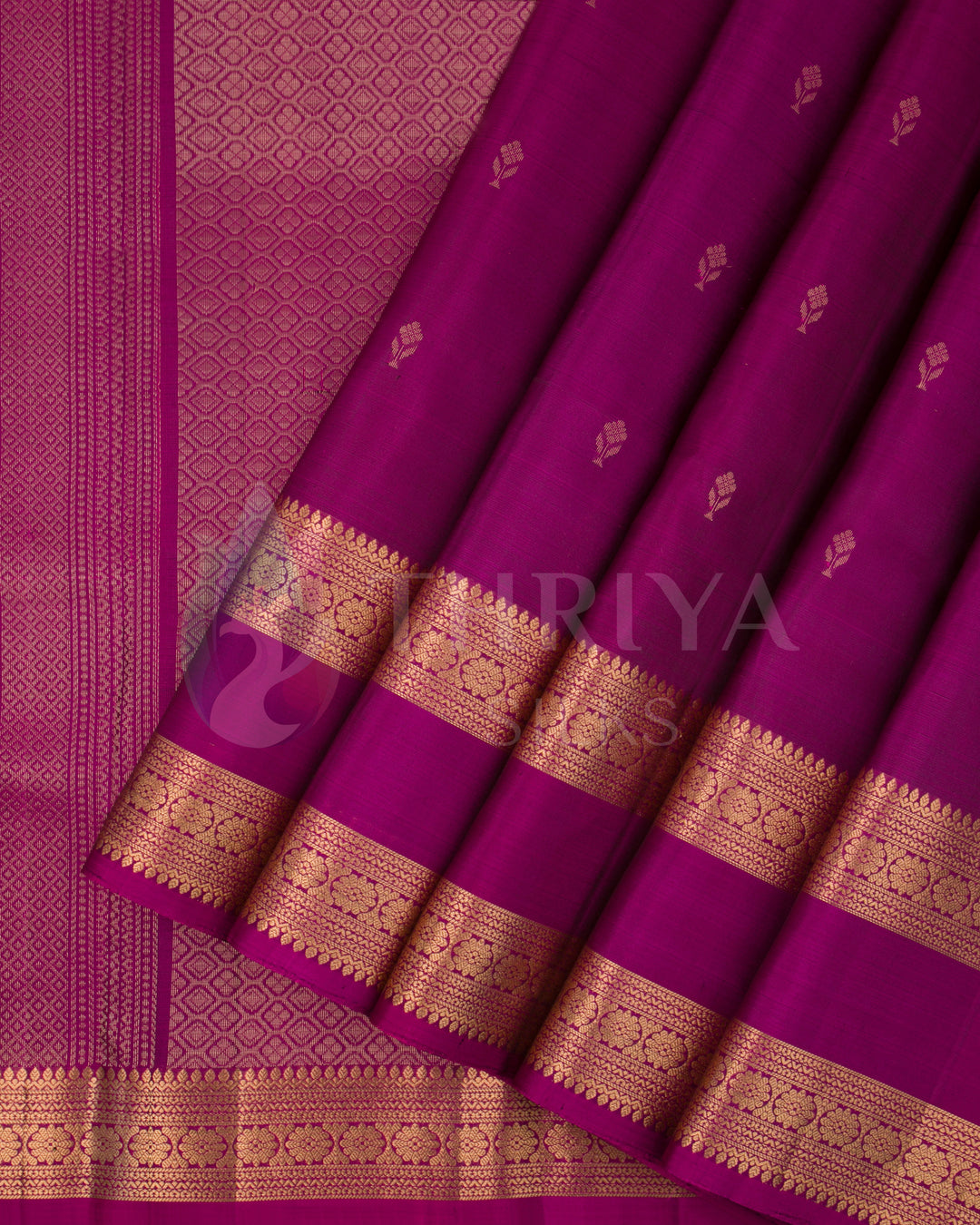Magenta pink Kanjivaram silk saree with rich gold zari border and floral pallu