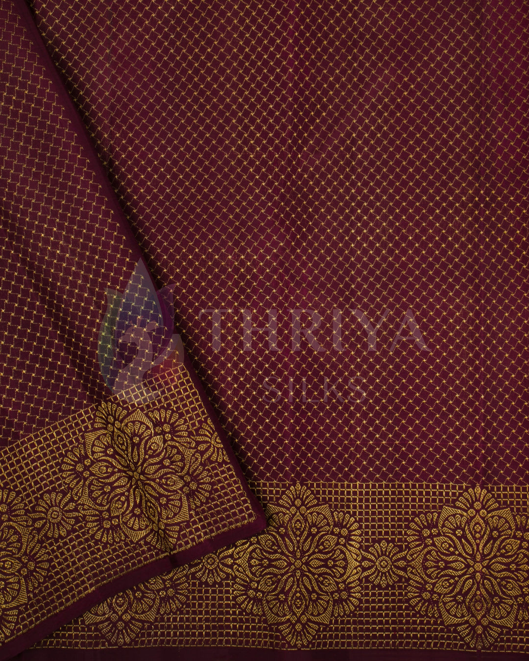 Maroon Kanjivaram silk saree blouse piece with golden floral jacquard border