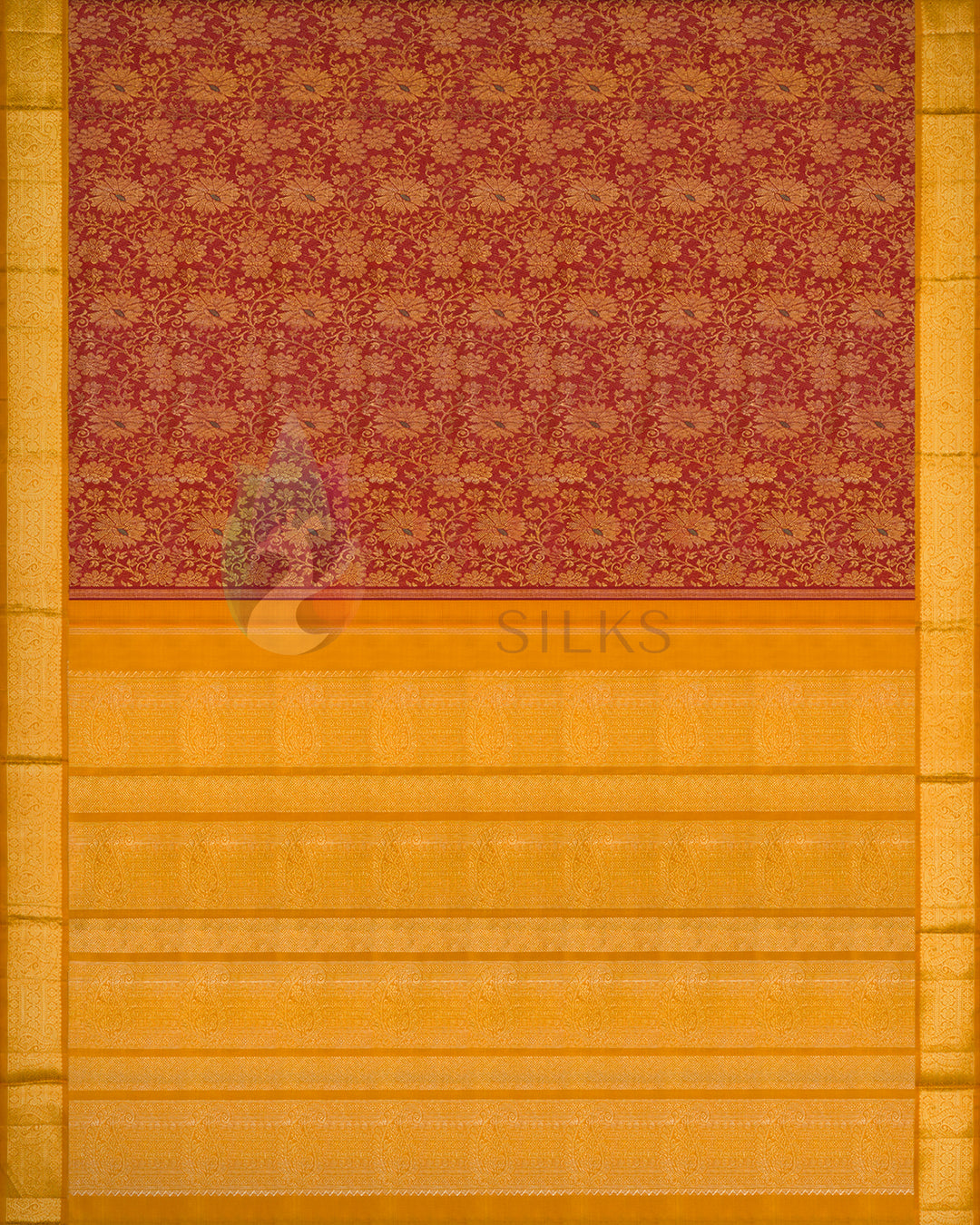 Full view of maroon Kanjivaram silk saree showcasing golden zari pallu and traditional motifs