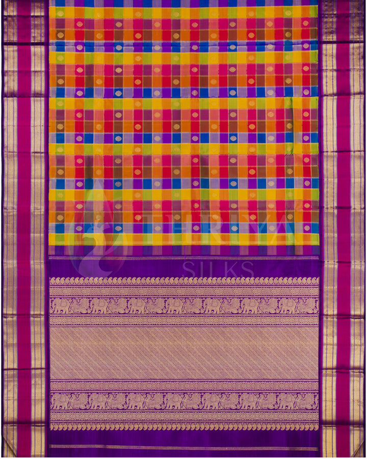 Full view flat lay of multicolor checked Kanchipuram silk saree with purple pallu and ornate golden zari craftsmanship