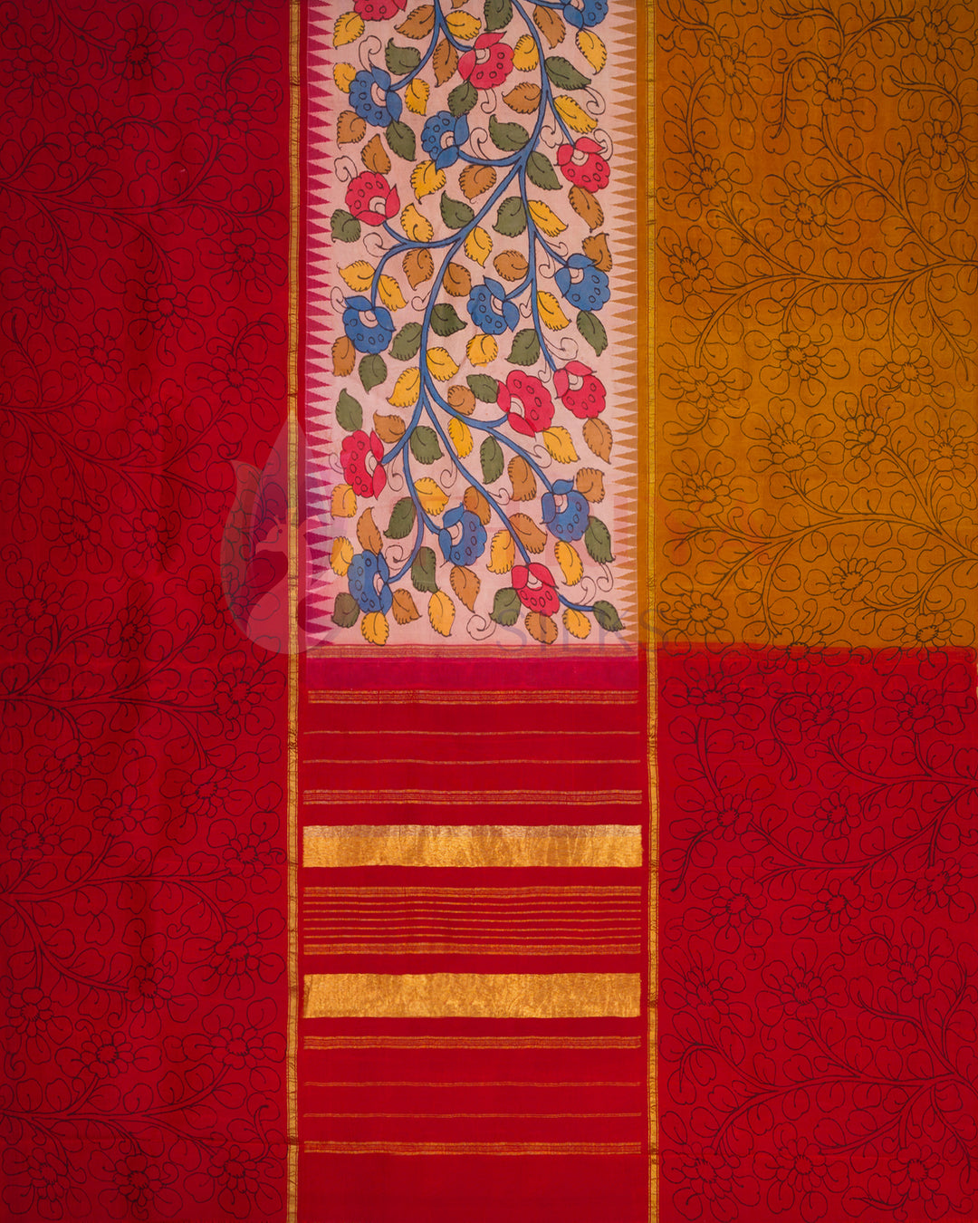 Full view of red and mustard handloom silk saree with artistic floral design on the pallu