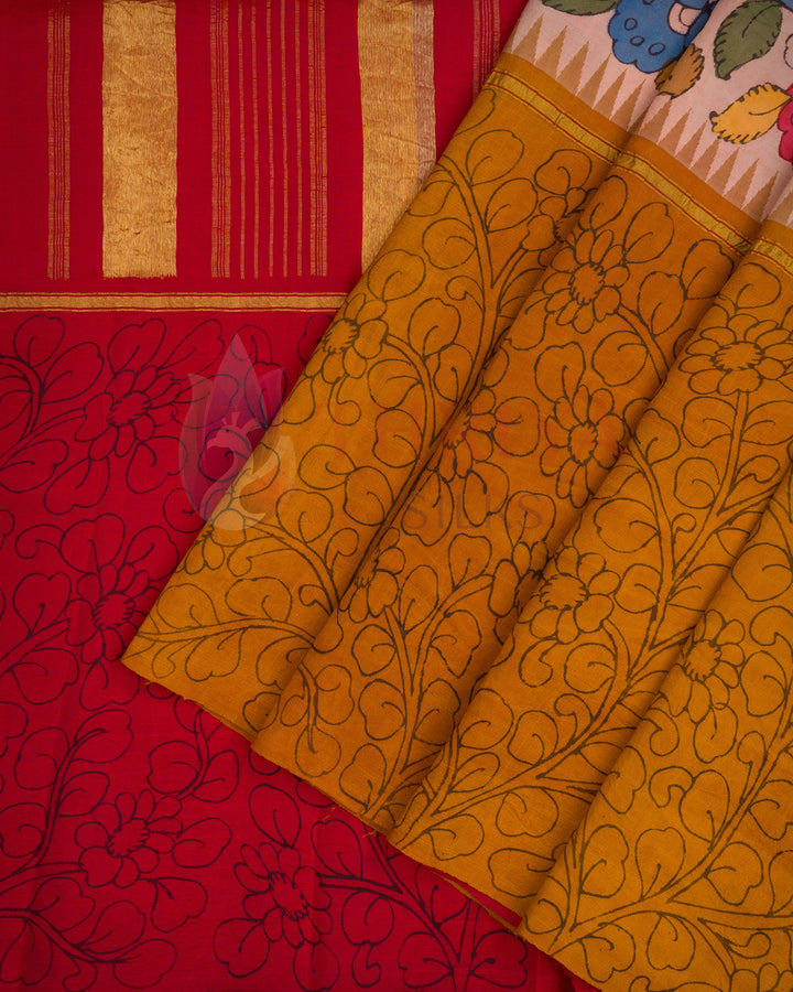 Mustard yellow pleats with floral weaving in a traditional handloom silk saree 