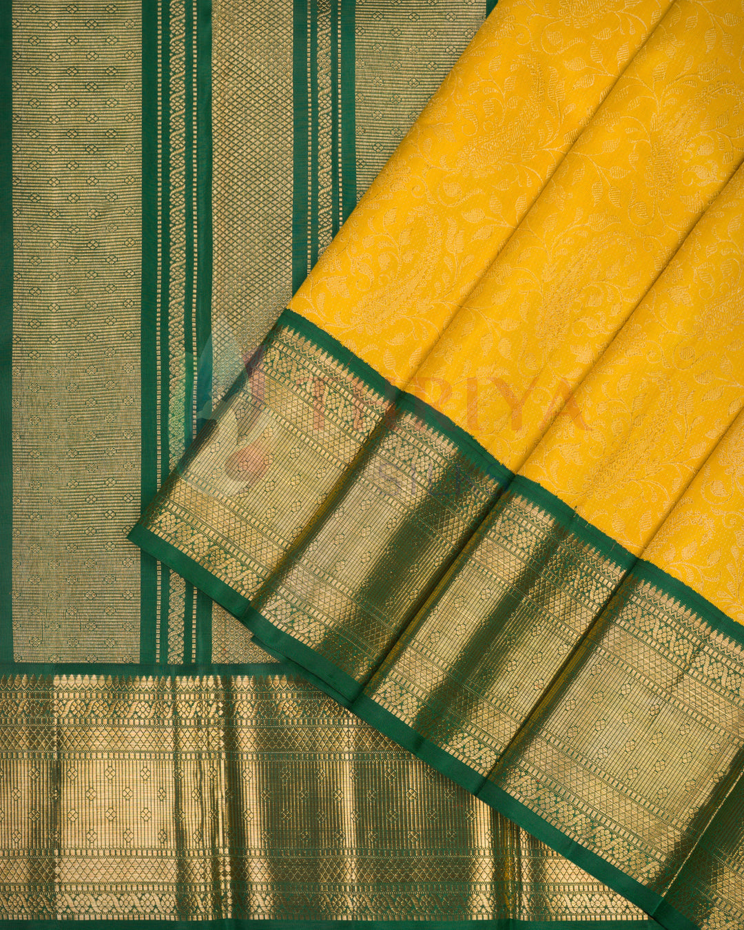 Mustard yellow Kanjivaram silk saree with green gold zari border – by Thriya Silks