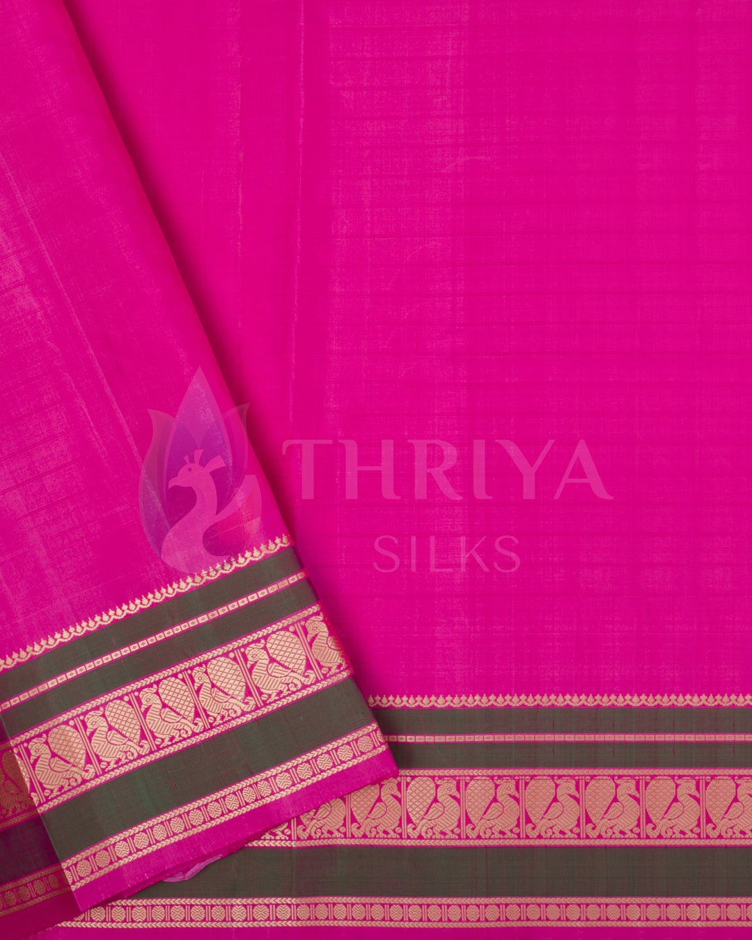 Pink blouse piece with zari and green border, part of black and pink Kanjivaram silk saree set