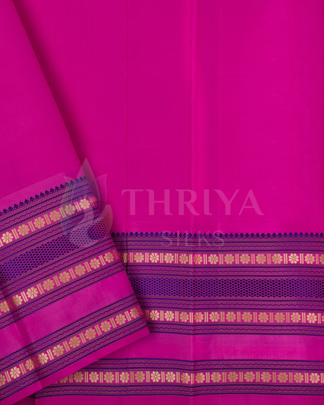 Pink blouse piece with gold zari border complementing purple silk saree, Thriya Silks