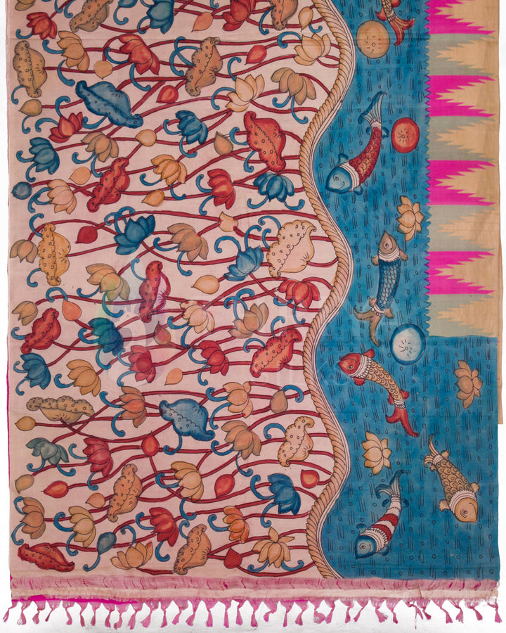Full view of Kalamkari silk saree featuring floral, fish and abstract motifs in pink and blue tones.