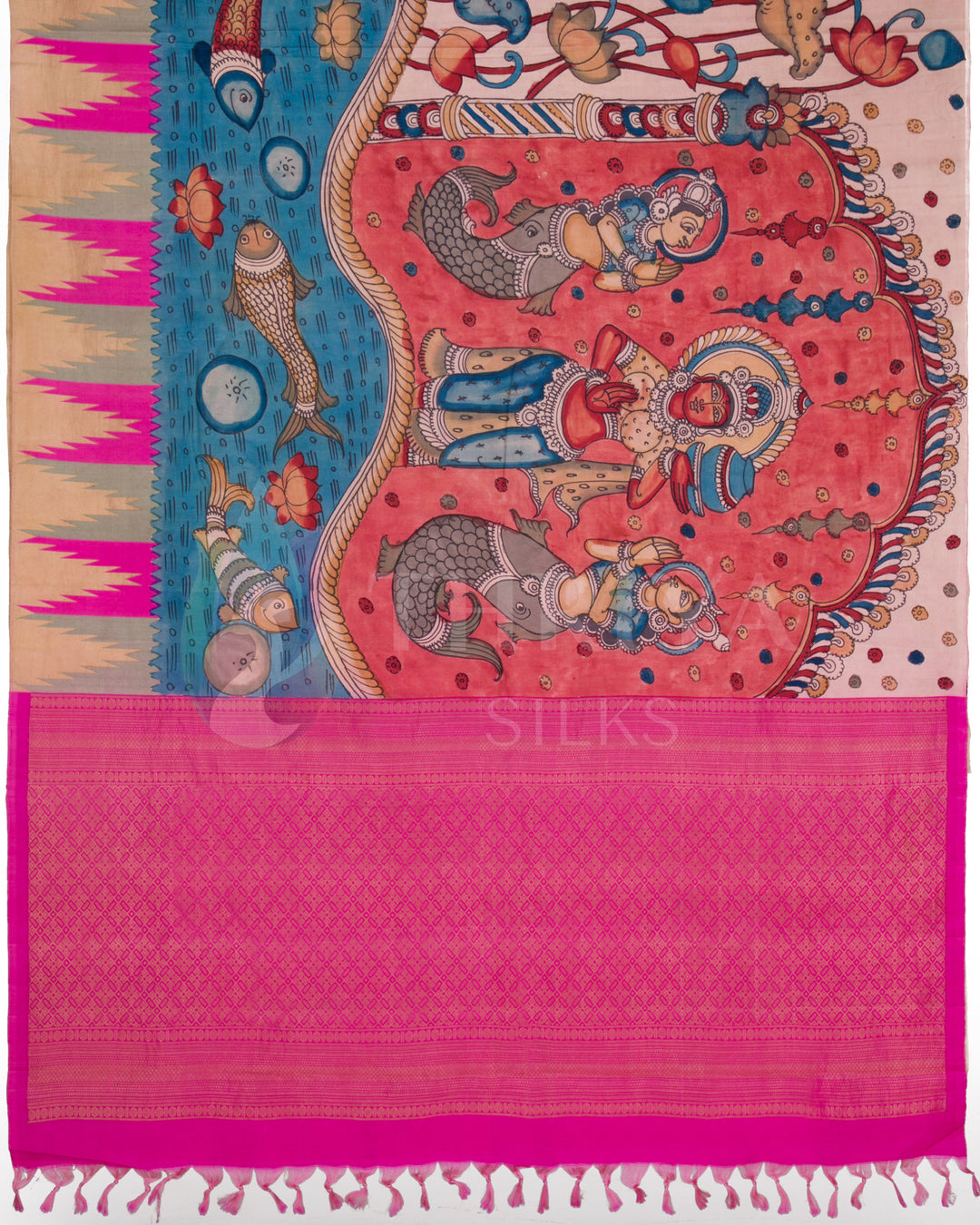 View of the pallu showcasing deity and fish motifs along with woven pink zari base and tassel edging.