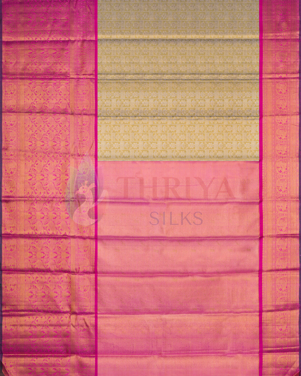 Pink and gold Kanchipuram silk wedding saree arranged for product display, featuring detailed patterns and a dark background