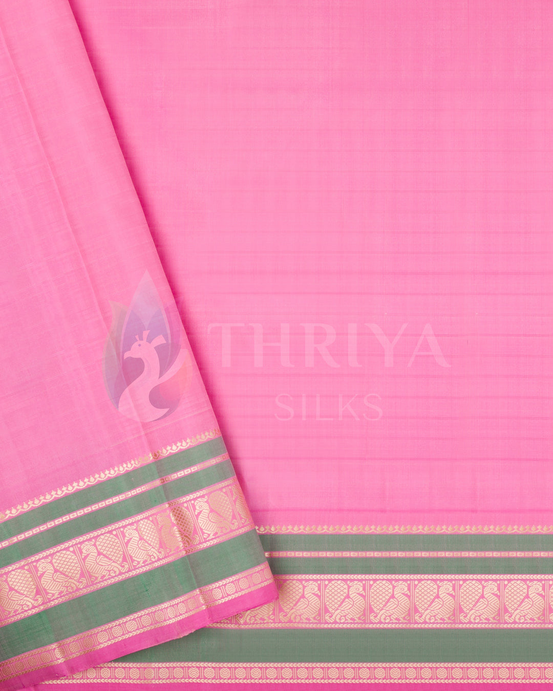 Pink blouse piece with gold and green zari border from beige Kanjivaram saree set