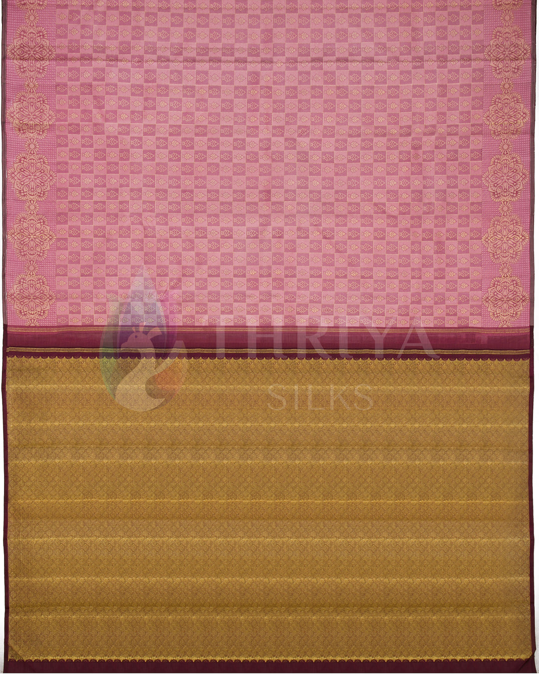 Full view of pink Kanjivaram silk saree with golden zari border