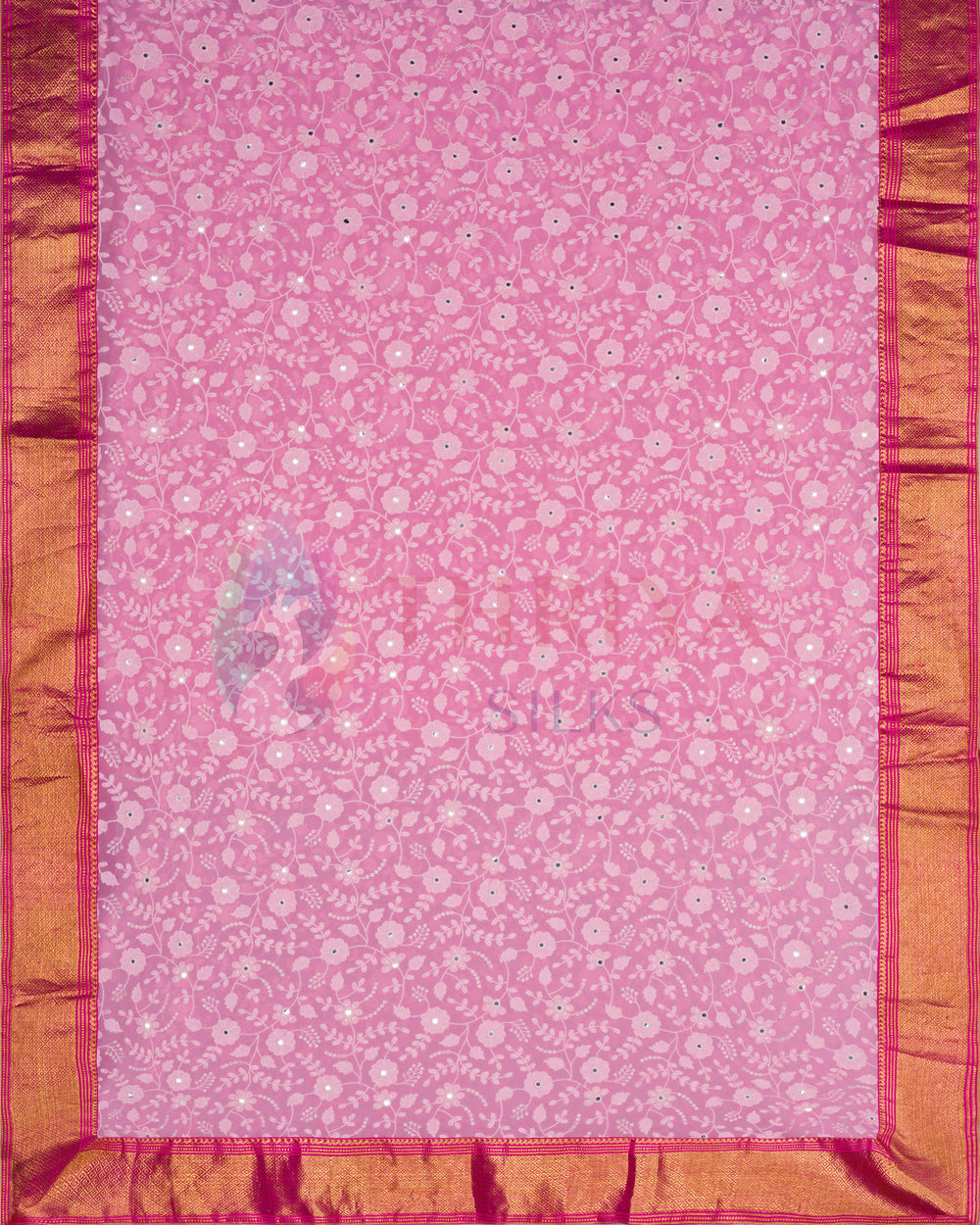 Full fabric view of pink Chikankari Kanchipuram silk saree with gold zari border