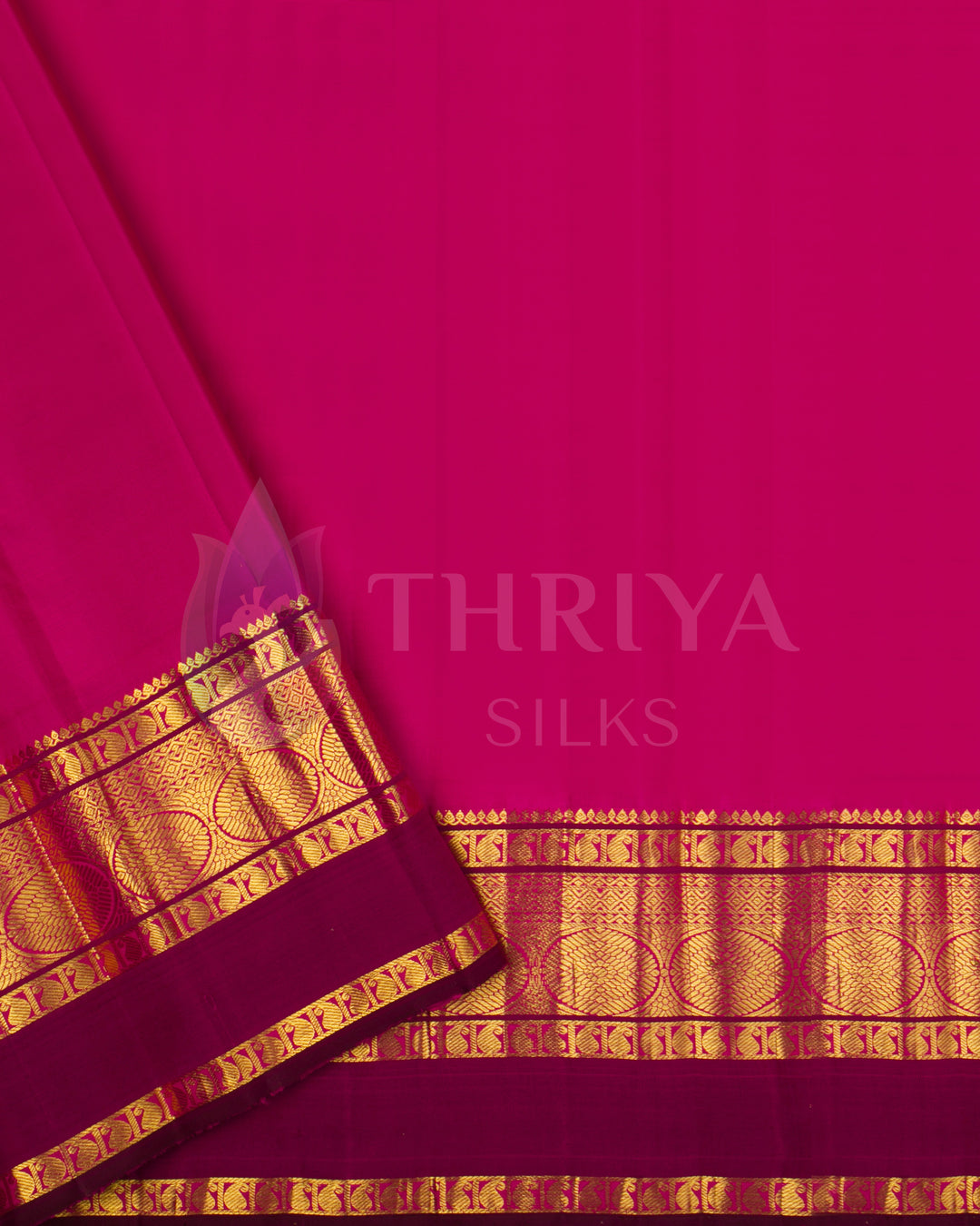 Plain pink blouse piece with golden zari border, complementing the beige bird motif silk saree.
