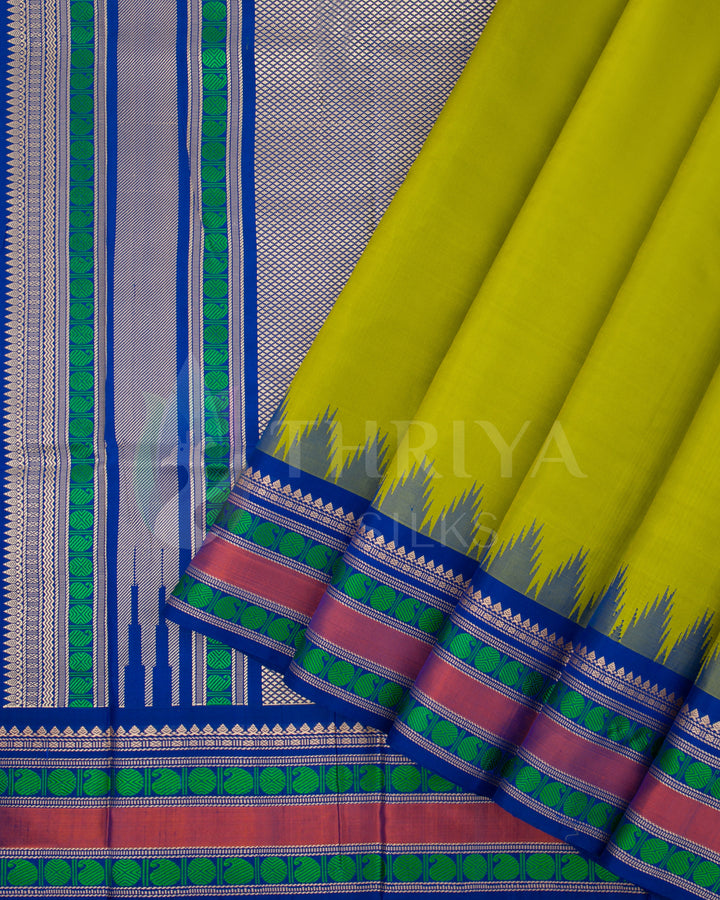 Pleated view of green silk saree with pink and green floral zari border and silver-blue pallu design